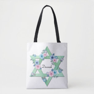 Green Star van David met pastelbloemen Canvas tas