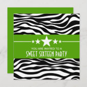 Green Stars Zebra Print Sweet 16 Invite Kaart (Voorkant / Achterkant)