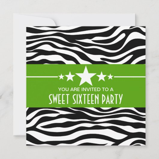 Green Stars Zebra Print Sweet 16 Invite Kaart (Voorkant)
