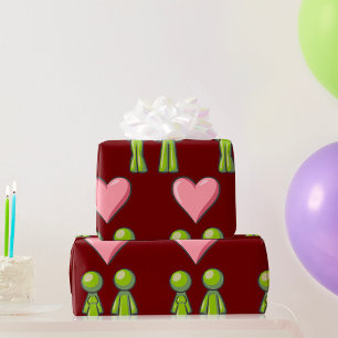 Green Stick Figuur Paar Roze Hart Liefde Cadeaupapier