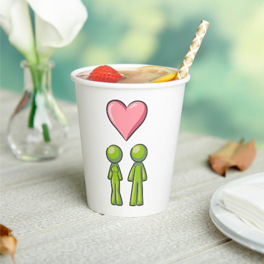 Green Stick Figuur Paar Roze Hart Liefde Papieren Bekers