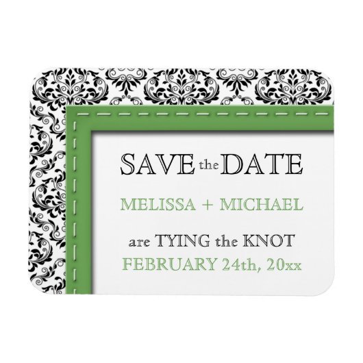 Green Stitched Damask flat Save the Date Magnet Magneet (Horizontaal)
