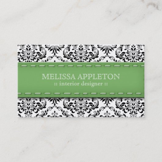 Green Stitched Damask Interior Designer Visitekaartje (Voorkant)