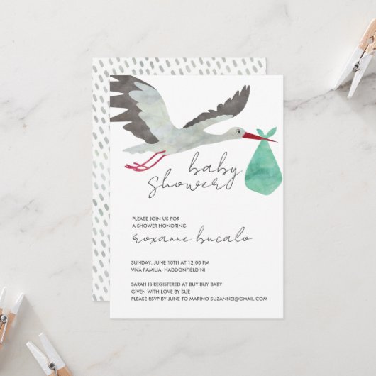Green Stork Baby shower Invitation Kaart (Voorkant / Achterkant in situ)
