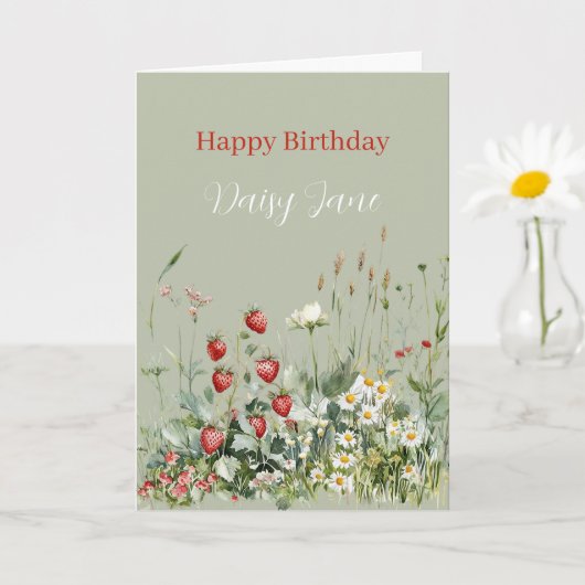 Green Strawberries Daisy Flowers Birthday Kaart (Kleine Plant)