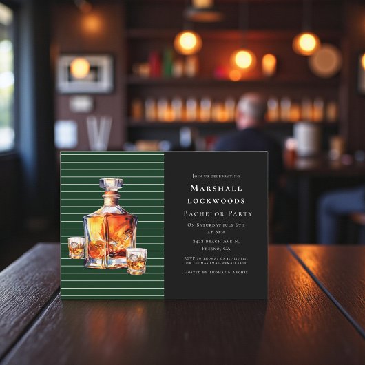 Green Stripe Amber Whiskey Bachelor Bash Invite Kaart