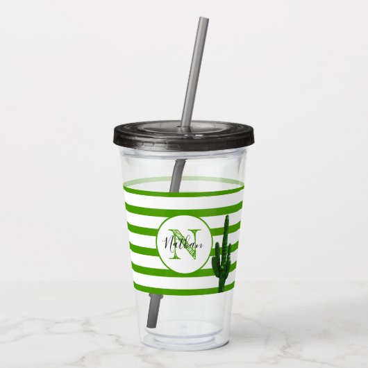 Green Stripe en Saguaro Monogrammed Personalized Acryl Drinkbeker (Achterkant)
