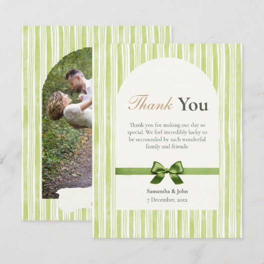 Green Stripe Modern Photo Wedding Bedankkaart (Voorkant / Achterkant)