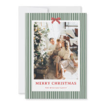 Green Stripe Red Bow Christmas Photo Holiday Card