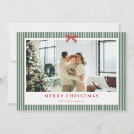 Green Stripe Red Bow Christmas Photo Holiday Card Feestdagenkaart