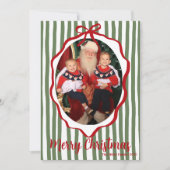 Green Stripe & Red Ribbon Frame Christmas Feestdagenkaart (Voorkant)