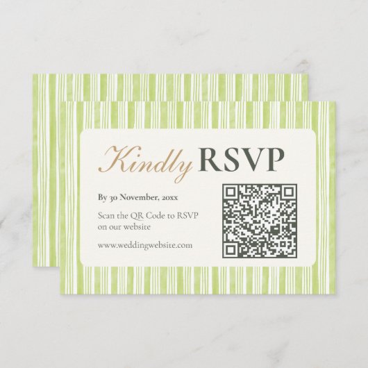 Green Stripe Wedding RSVP Postcards with QR Code (Voorkant / Achterkant)