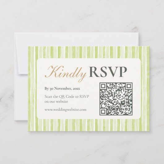 Green Stripe Wedding RSVP Postcards with QR Code Kaartje (Voorkant)