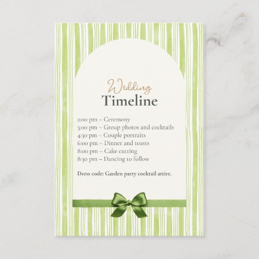 Green Stripe Wedding Timeline Cards with QR Code Informatiekaartje (Voorkant)
