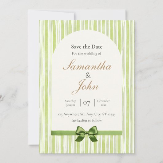 Green Stripe with Arch Wedding Save the Date Cards Kaart (Voorkant)