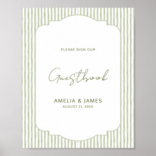 Green Striped Classic Wedding Guestbook Poster (Voorkant)