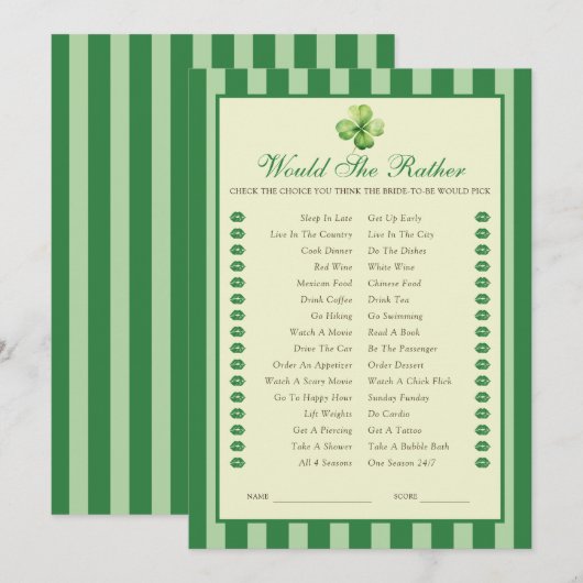 Green Striped Clover Would She Rather Game Card Kaart (Voorkant / Achterkant)