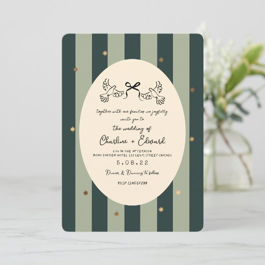 Green Striped Gold Star Wedding  Kaart