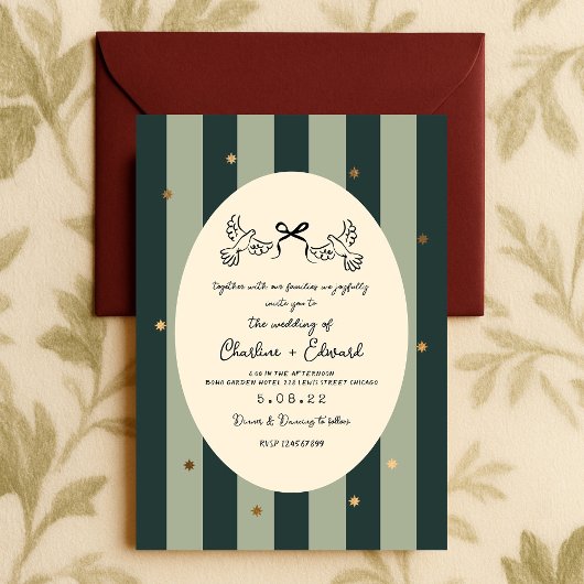 Green Striped Gold Star Wedding Kaart