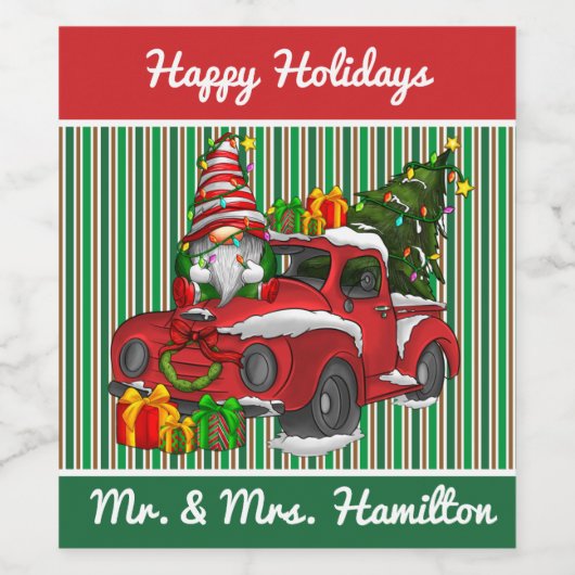 Green Striped Kerstgnome Wijn Etiket (Enkel label)