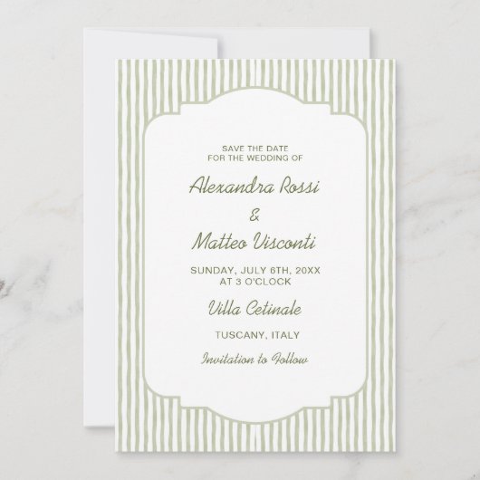 Green Striped Save the Date Elegant Script Wedding Kaart (Voorkant)