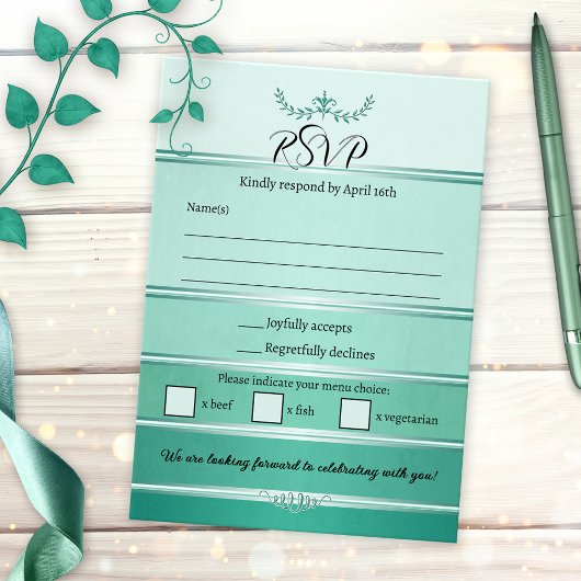 Green Striped Tone on Tone Wedding RSVP Card Kaart