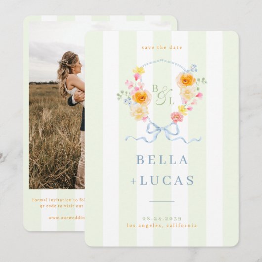 Green Stripes Floral Crest Monogram Spring Wedding Save The Date (Voorkant / Achterkant)