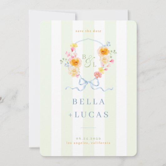 Green Stripes Floral Crest Monogram Spring Wedding Save The Date (Voorkant)
