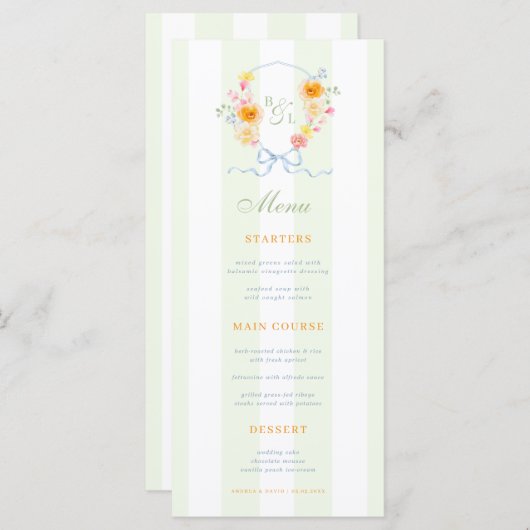 Green Stripes & Floral Crest Spring Wedding Menu (Voorkant / Achterkant)