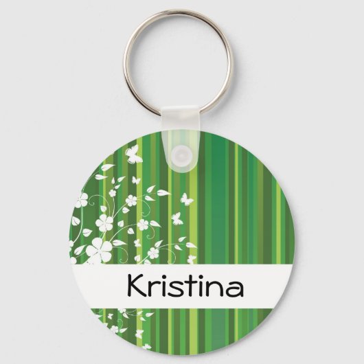 Green Stripes Floral Personal Name Sleutelhanger (Voorkant)