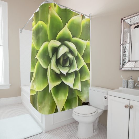 Green Succulent Close Cacti Art Douchegordijn (In situ)