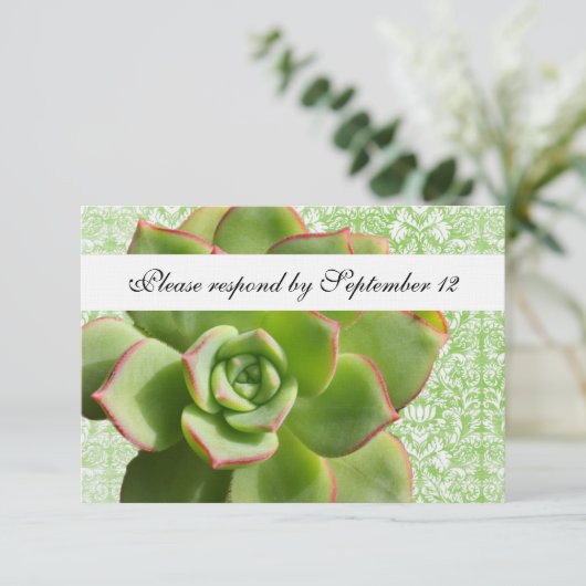 Green Succulent Damask rsvp met envelop (Staand voorkant)