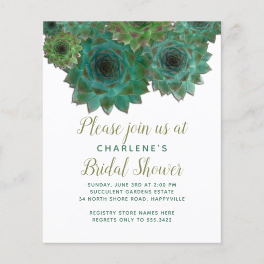 Green Succulents Budget Bridal Shower Uitnodiging Flyer (Voorkant)