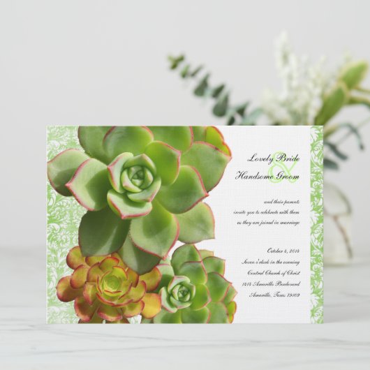 Green Succulents  Damask Wedding Invitation Kaart (Staand voorkant)