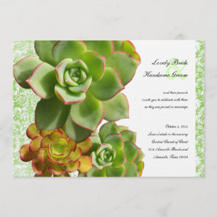 Green Succulents  Damask Wedding Invitation Kaart