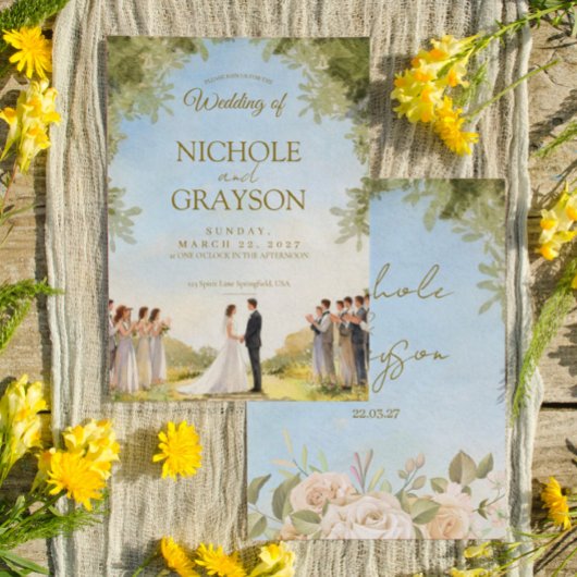 Green Summer Floral Watercolor Outdoor Wedding Kaart