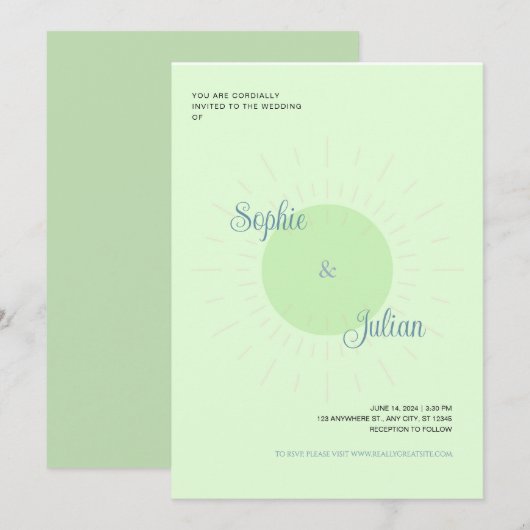 Green Sunburst Wedding Invitations Kaart (Voorkant / Achterkant)