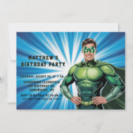 Green Superhero Boys Birthday Party Kaart