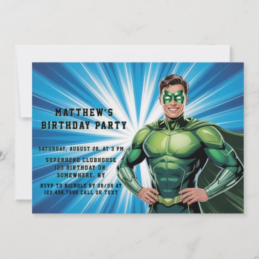 Green Superhero Boys Birthday Party Kaart (Voorkant)