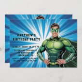 Green Superhero Boys Birthday Party Kaart (Voorkant / Achterkant)
