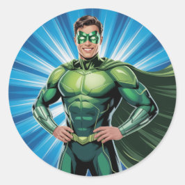 Green Superhero Boys Birthday Party Ronde Sticker