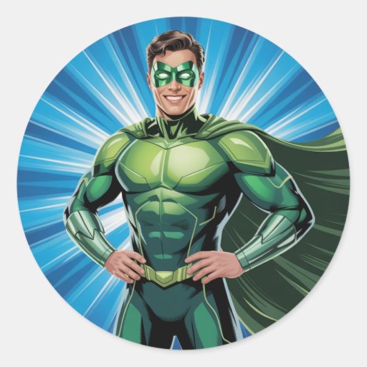 Green Superhero Boys Birthday Party Ronde Sticker (Voorkant)