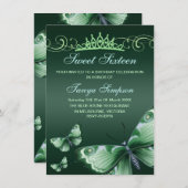 Green Sweet16 Butterfly & Tiara Verjaardag Uitnodi Kaart (Voorkant / Achterkant)