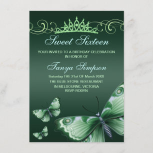 Green Sweet16 Butterfly & Tiara Verjaardag Uitnodi Kaart