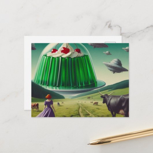 Green Sweet Treat UFO's slagroom en kers Briefkaart (Voorkant / Achterkant in situ)