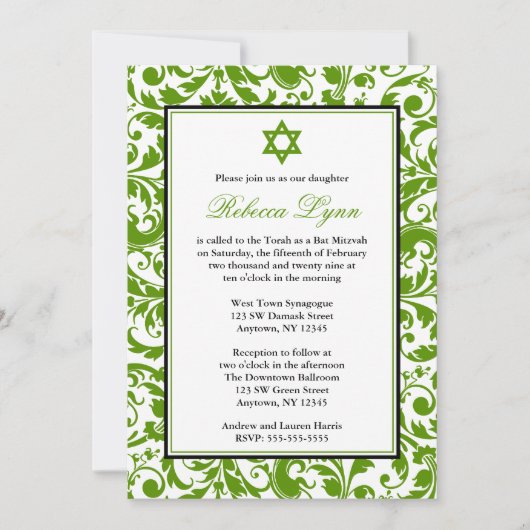 Green Swirl Damask Bat Mitzvah nodigt uit Kaart (Voorkant)