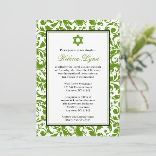 Green Swirl Damask Bat Mitzvah nodigt uit Kaart (Staand voorkant)