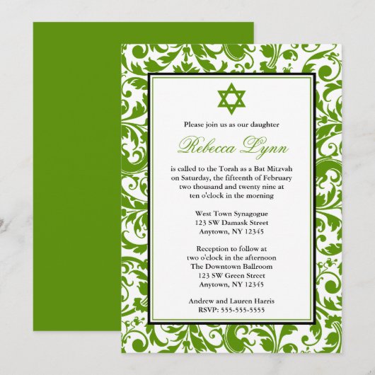 Green Swirl Damask Bat Mitzvah nodigt uit Kaart (Voorkant / Achterkant)