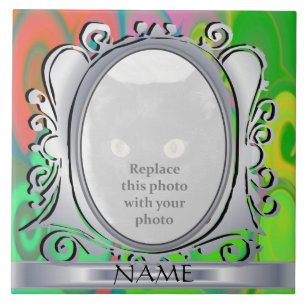 Green Swirls Oval Photo Lijst met Name Tegel Tegeltje