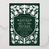Green Sword Shield middeleeuwse monogram bruiloft Folie Uitnodiging (Voorkant)